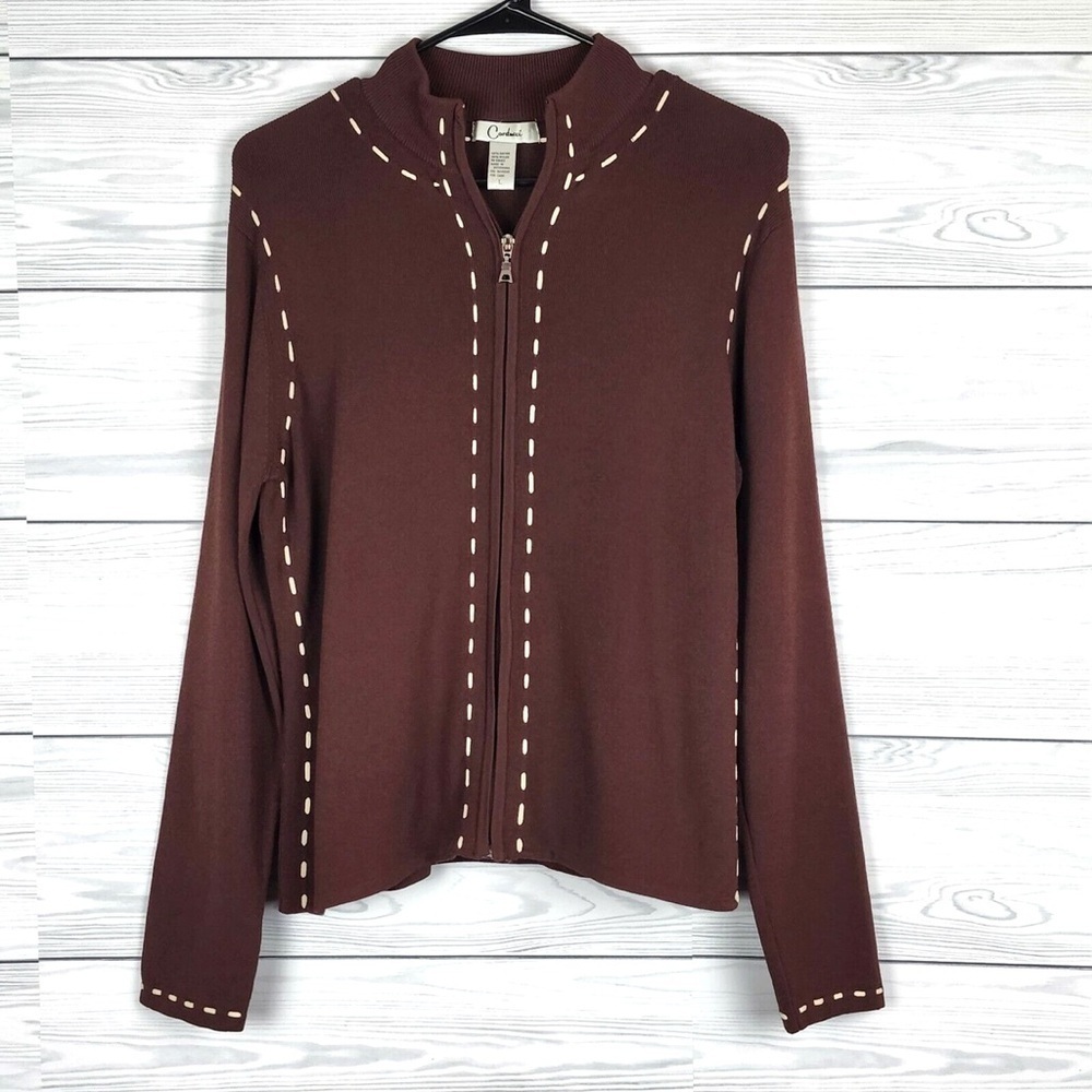Carducci L Sweater Cardigan Full Zip Long Sleeve Brown Stretch Tan Accents